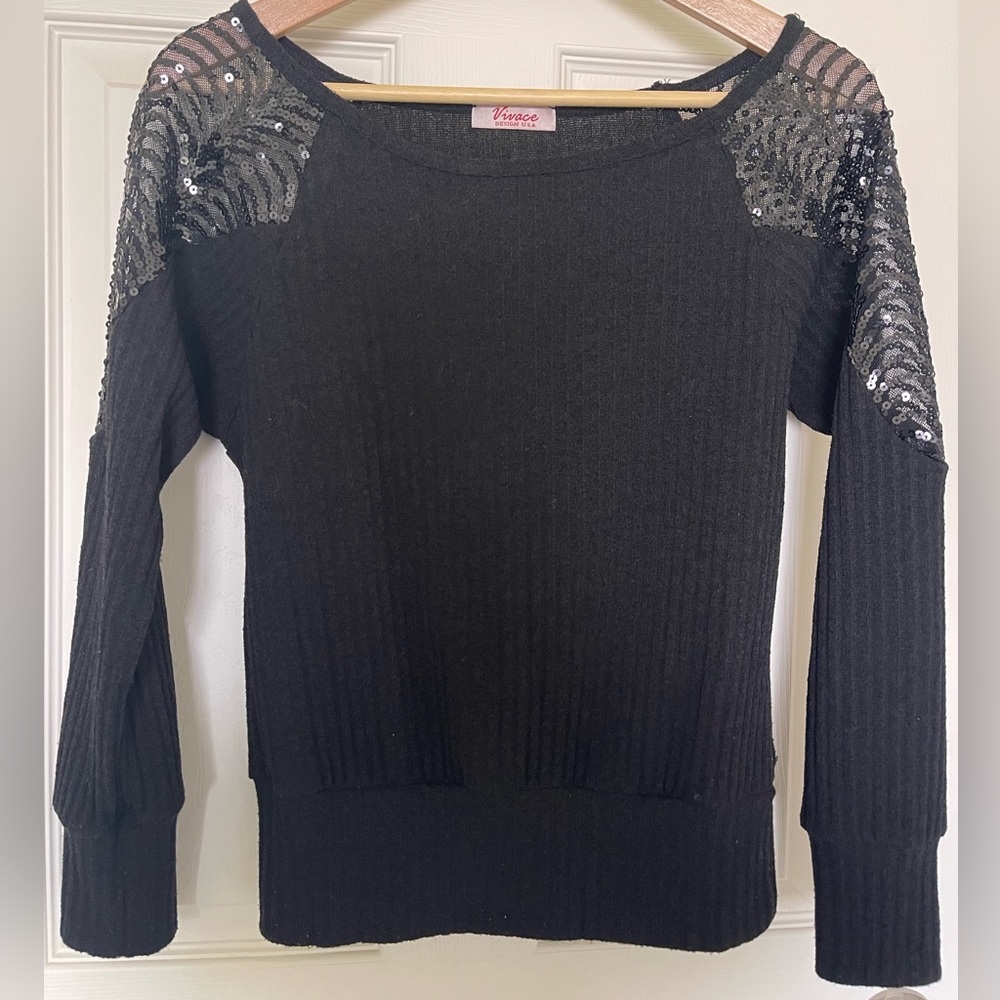 Black Sweater w/ Sheer Black Sequin Shoulder Detail